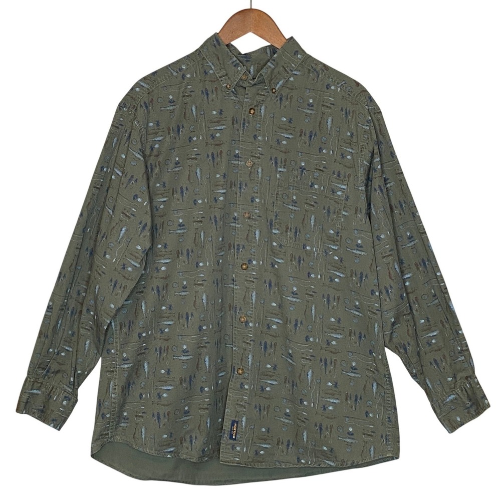 Woolrich Mens Button Down Shirt Size L Olive Fly Fishing Cotton Outdoor Gorpcore